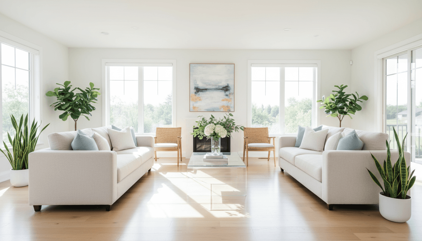 Bright, spotless living room after a professional cleaning service