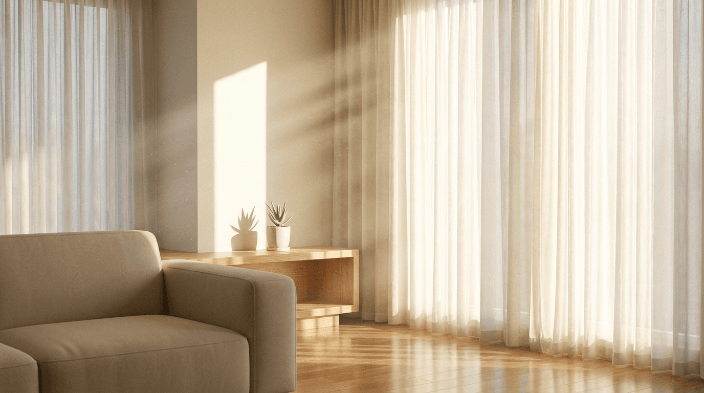 Professional cleaner dusting a wooden shelf in a bright, sunlit living room