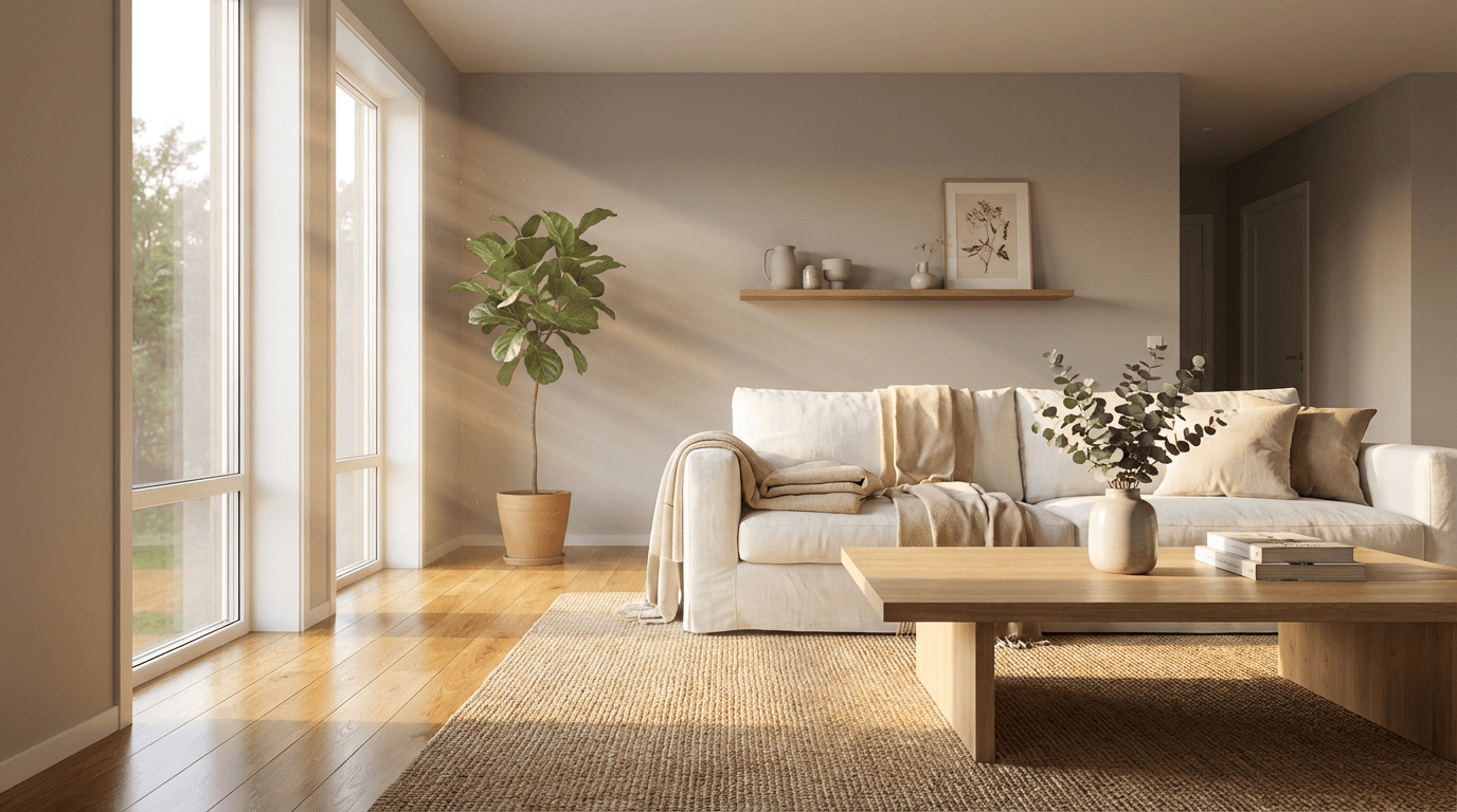 Bright, spotless living room interior with fresh bedding and gleaming floors