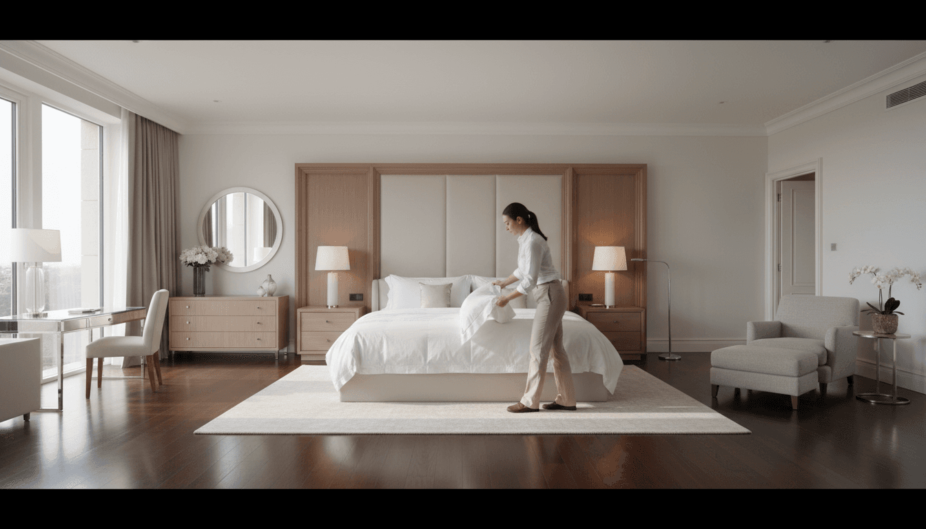 Professional cleaner meticulously arranging pillows in pristine master bedroom with polished floors and morning sunlight